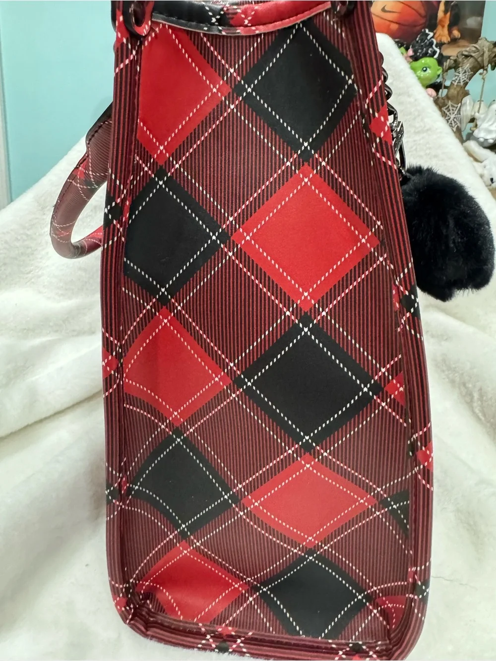 Betsey Johnson Red Plaid Tote Bag with Skull Accent and Black Fur Charm